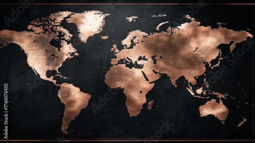 Elegant Metallic Bronze World Map on Dark Textured Background – Global Travel, Business, and Connection Concept