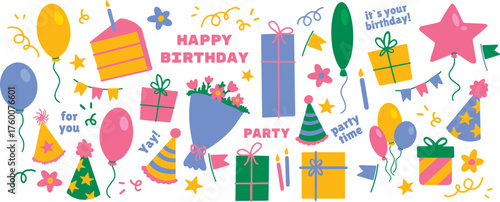 Birthday party illustration. Cute vector collection for posters, invitations and celebration design.