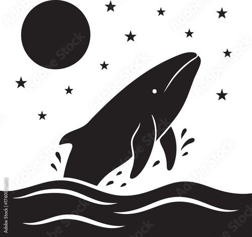 Whale under moonlight silhouette vector