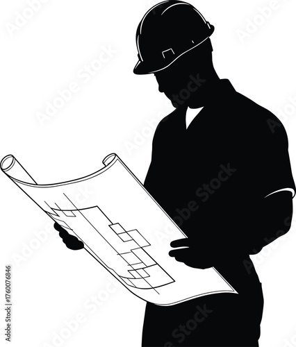 Engineer examining blueprint silhouette cartoon illustration, symbolic planning and expressive gesture artwork for construction and technical design