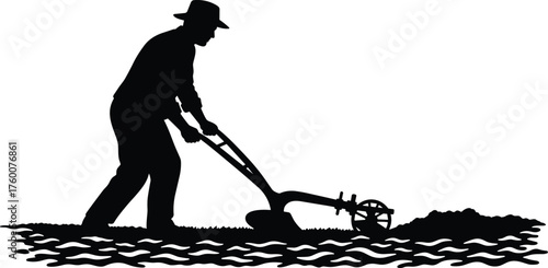 Farmer plowing field silhouette cartoon illustration, symbolic labor and expressive gesture artwork for agriculture and lifestyle design