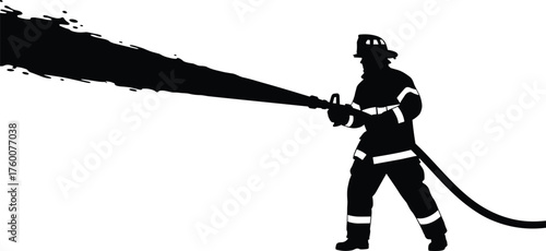 Firefighter spraying water silhouette cartoon illustration, symbolic protection and expressive gesture artwork for emergency and public safety design