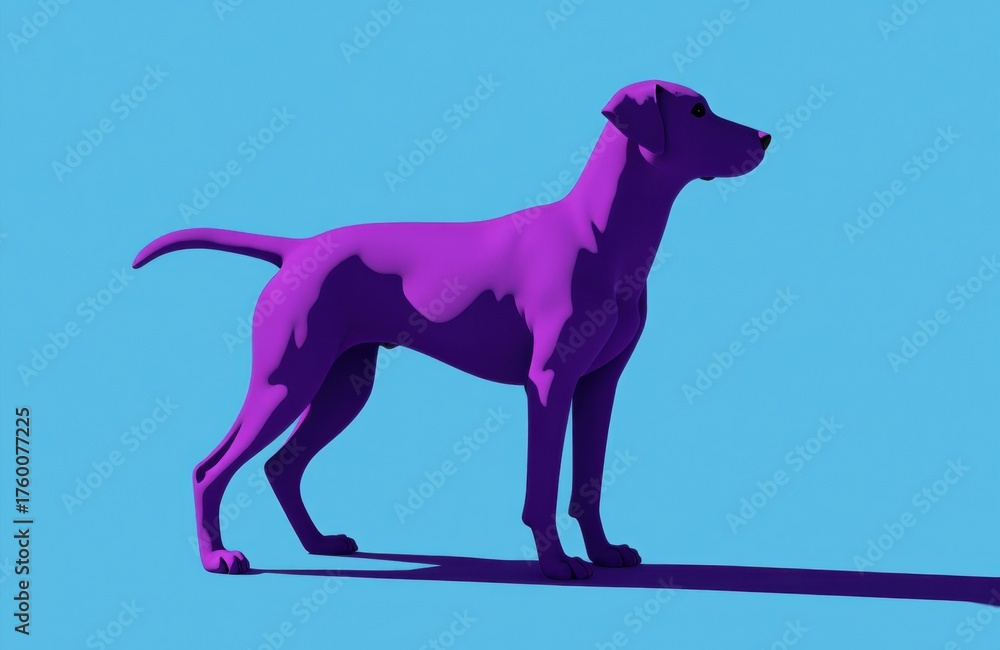 Fototapeta premium A purple dog silhouette standing on a light blue background with a shadow cast behind it