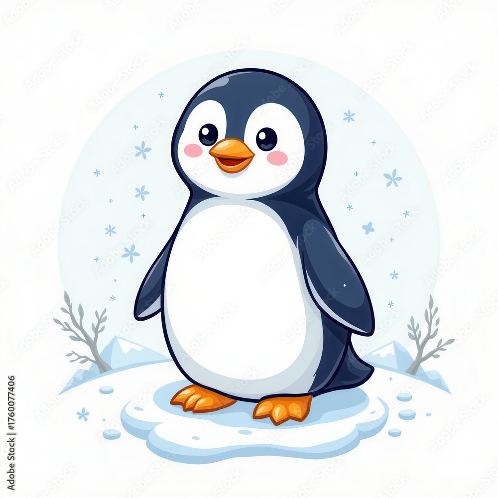 Obraz premium Cute Cartoon Penguin on Ice with Snowflakes and Winter Landscape