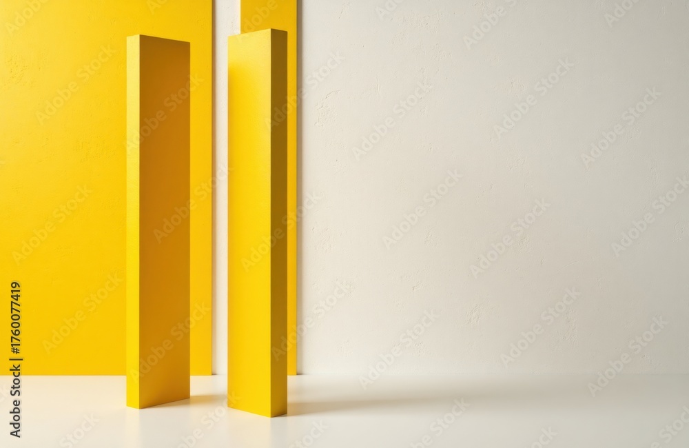 Obraz premium Colorful yellow and white geometric blocks standing upright on a minimalistic background