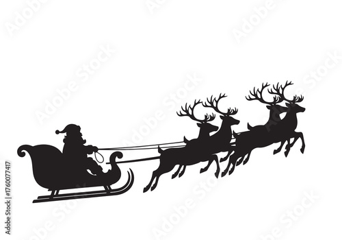 Vector art of silhouette of santa claus in his sleigh being pulled by reindeer, flying through the night sky