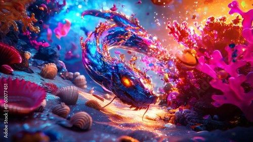 Fototapeta Naklejka Na Ścianę i Meble -  Underwater Fantasy: A magical creature swims in a vibrant coral reef, its form exuding an ethereal glow. The image depicts a fantastical underwater world, vibrant coral and shells 
