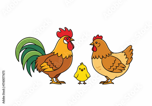 Vector art of cartoon illustration of a rooster, hen, and chick, standing together in a farmyard scene
