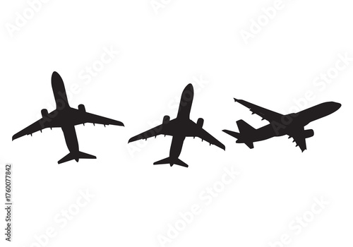 Vector art of silhouette of three airplanes flying in the sky, representing air travel and transportation