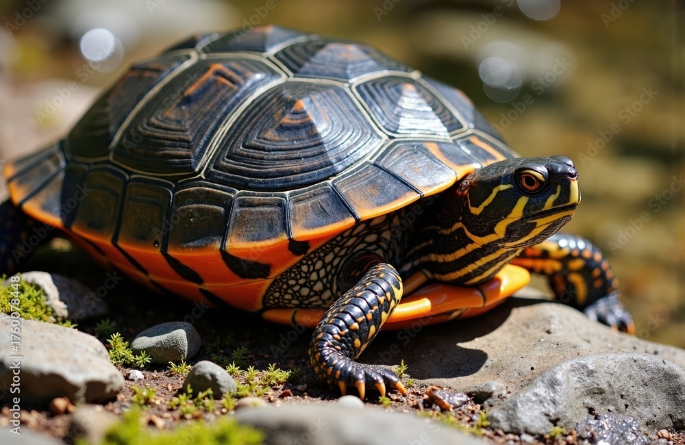 Obraz premium A colorful turtle walking on rocky terrain in natural sunlight