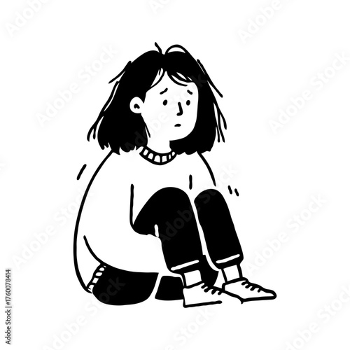 A sad girl sits curled up hugging her knees, hand-drawn black and white sketch on white background, concept of loneliness and anxiety