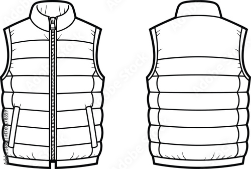 Sleeveless padded vest sketch, quilted design, high collar, zipper closure, angled pockets, front and back view, cad drawing flat vector illustration