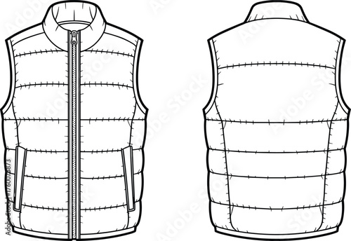Sleeveless padded vest, quilted outerwear, technical garment design, front zipper, high collar, CAD drawing, flat vector illustration, fashion template