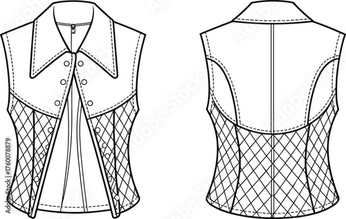 Sleeveless quilted vest front and back view, pointed collar button down with diamond stitch, cad drawing flat vector illustration, fashion sketch
