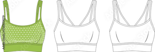 Sports bra CAD drawing, geometric triangle pattern, front panel detail, flat vector illustration, fashion design template, activewear garment sketch