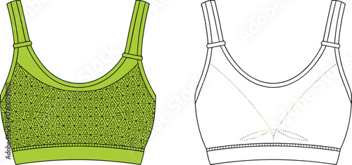 Sports bra CAD drawing, geometric triangle pattern, scoop neckline, seam detail, flat vector illustration, fashion design garment template