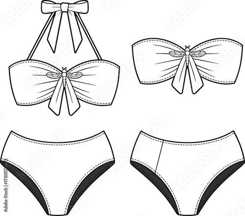 Strapless and halter bikini sets front view, bow detail gathered bust, high waist bottoms, cad drawing flat vector illustration