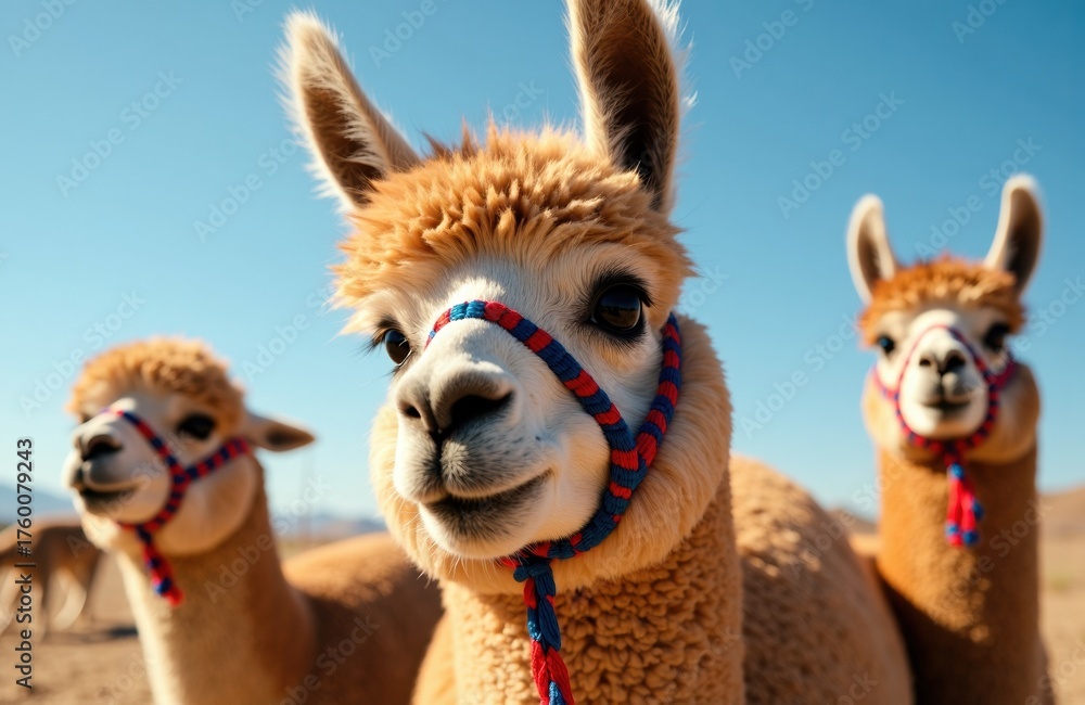 Obraz premium Colorful llamas with harnesses standing outdoors under a clear blue sky