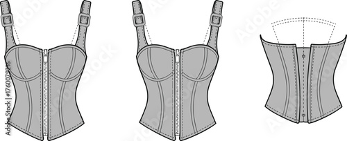Technical corset garment front and back view, fashion design, structured seams, adjustable straps, zipper detail, CAD drawing flat vector illustration