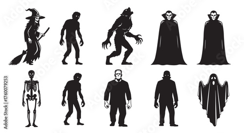 Vector art of collection of halloween monsters silhouette, including witch, vampire and zombie