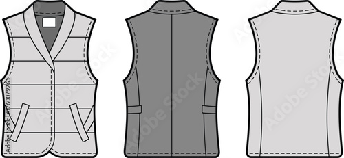 Utility vest, front back side view, notched collar, patch pockets, button closure, CAD drawing, flat vector illustration, garment sketch, fashion template