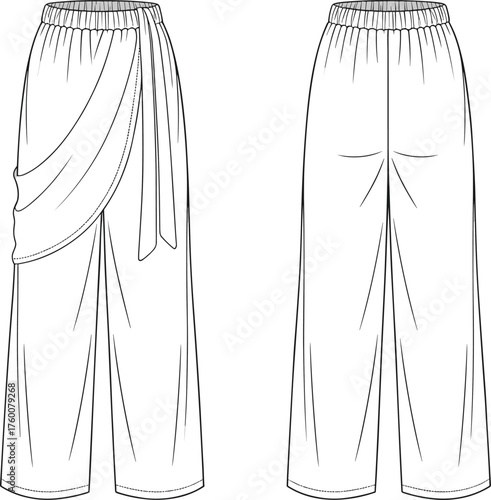Wide-leg pants front and back view, asymmetrical draped overlay elastic waistband darts detail, cad drawing flat vector illustration