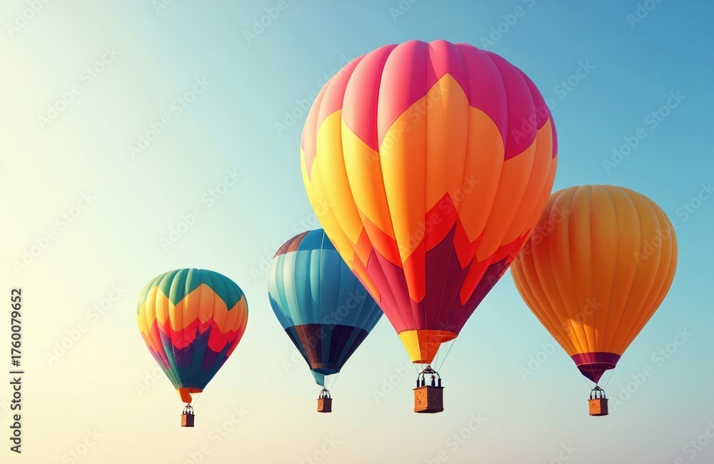 Obraz premium Colorful hot air balloons floating in clear sky with bright sunlight
