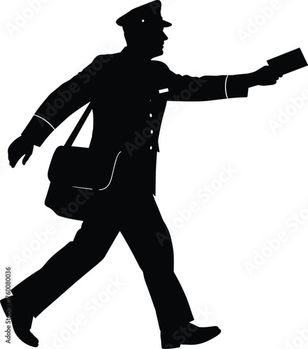 Mail carrier delivering letter silhouette cartoon illustration, symbolic service and expressive gesture artwork for communication and lifestyle design