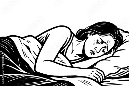 Woman lying in bed appearing troubled or in discomfort, black and white graphic style, on plain white background, concept of insomnia or stress