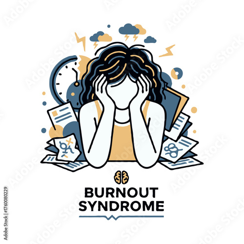 Stressed woman holding head with hands, cartoon style, on white background. Concept of burnout syndrome, exhaustion, and mental fatigue