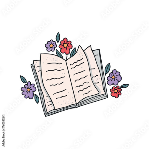 Hand-drawn open Book with Flowers Illustration