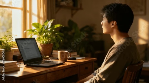 Focused young man contemplates his work bathed in warm sunlight from a window at his desk, a steaming coffee cup beside his laptop.