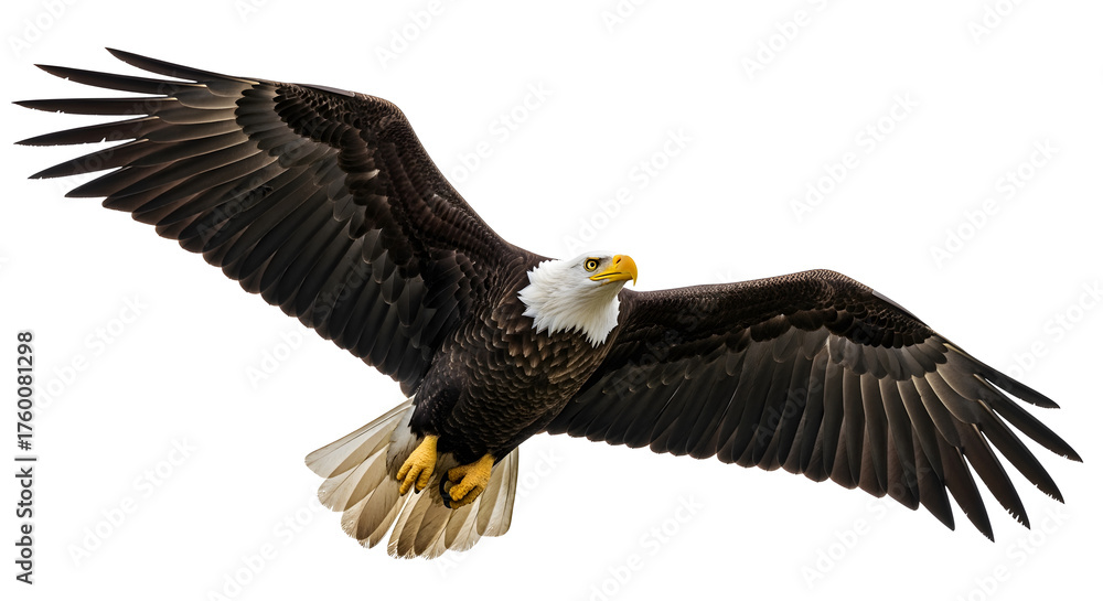 Obraz premium Eagle gliding with intense gaze, isolated on white, high-res animal realism.