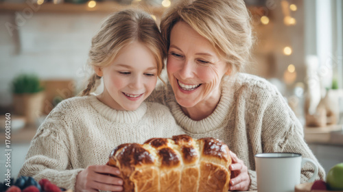 A mom cuts a cheese bread roll for her daughter at a sunny breakfast table, their smiles reflecting warmth