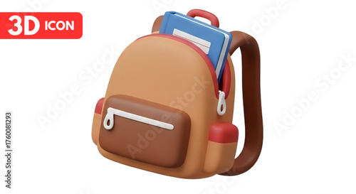 3d cartoon backpack icon with book for school