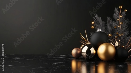 Elegant Christmas decorations in black and gold create a festive atmosphere. The ornaments are meticulously arranged on a dark marble surface, and the composition evokes luxury and refinement