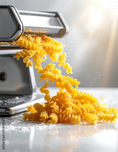Fresh pasta spiraling from machine, light shining