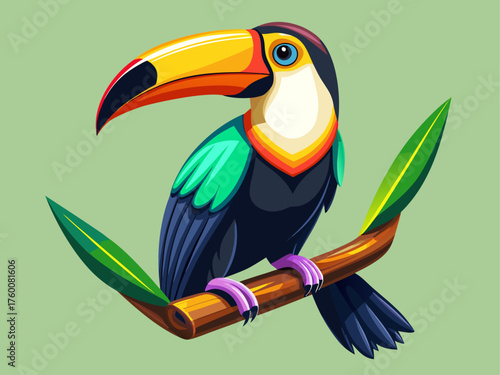 Realistic vector of tropical toucan perched on branch, vibrant orange beak and black feathers, isolated on pastel green background, exotic bird illustration, high-quality detailed vector style