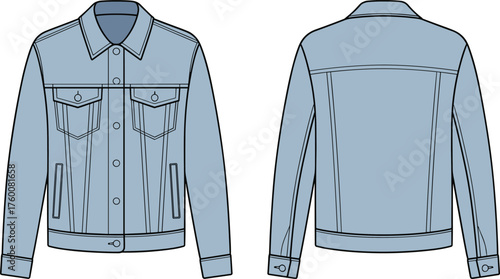 Denim jacket, button-down front, pointed collar, chest flap pockets, structured seams, CAD drawing, flat vector illustration, fashion sketch, garment template