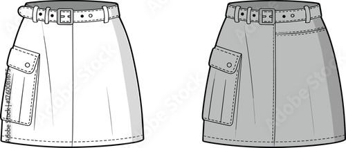 High-waisted skirt technical fashion drawing, belt detail, flap pocket, CAD sketch, flat vector illustration, garment design, apparel template