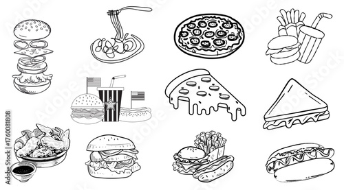Fast food and drink icons featuring burgers, fries, soda, pizza, coffee, snacks, and meals.
