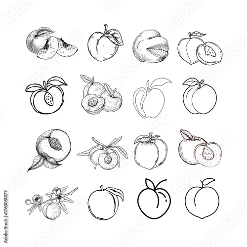 Juicy peach icons representing fresh fruit, sweetness, summer harvest, healthy eating, and organic natural produce.