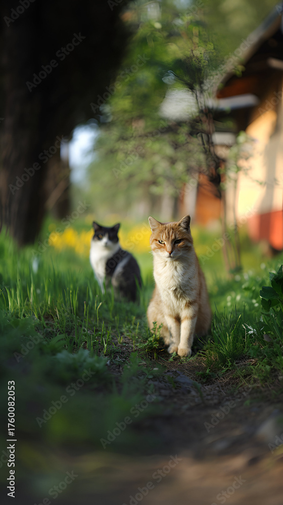 Obraz premium An orange tabby sits proudly in a lush grassy field, with a black and white cat in the soft-focus background, on a spring day.