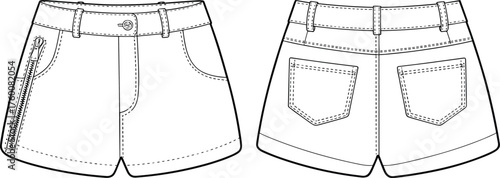 Shorts front and back view, button waistband zipper pocket patch back pockets yoke seam, cad drawing flat vector illustration