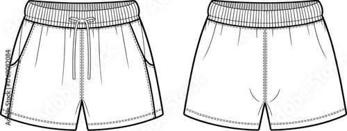 Tableau sur toile Shorts technical sketch, drawstring waistband, side pockets, center seam, hem st