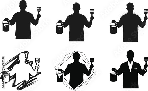 Flat vector illustration of painter holding paintbrush and paint can, creative worker silhouettes, artistic variations, painting activity, construction, maintenance, design