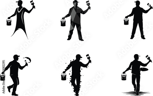 Flat vector illustration of painter holding paintbrush and paint can, creative worker silhouettes, artistic styles, painting activity, construction, maintenance, design