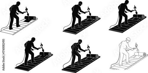 Flat vector illustration, torch down roofing process, worker applying membrane, flame welding method, construction repair, waterproof installation, silhouette sequence, industrial design