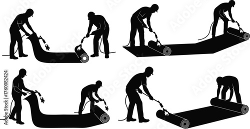 Flat vector illustration, worker installing roofing membrane, heat welding process, construction repair, waterproof flooring, industrial maintenance, step by step sequence, silhouette design