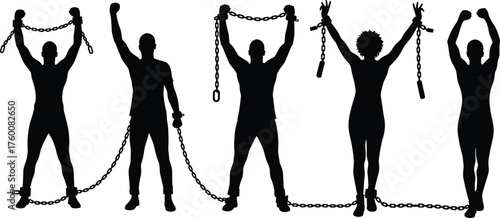 People breaking chains in triumphant poses silhouette cartoon illustration, symbolic liberation and expressive gesture artwork for empowerment design